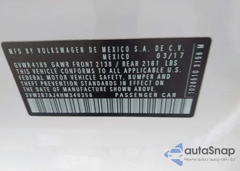 2017 Volkswagen Jetta 1.4T S z USA, uszkodzony, nr VIN 3VW2B7AJ4HM340356